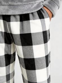 简约设计男士睡衣套装，保暖法兰绒蓬松睡衣，长袖圆领宽松上衣和宽松长裤，秋冬季舒适保暖服 - 灰色 - 查看 6