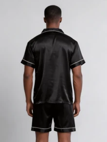 Snug League Two Pieces Sets Men's Satin Pajama Set Shorts Silk Sleepcoat Button Style Short Sleeved Cardigan Top Home Clothing Summer Simple Solid Color Series Loungewear - Black - View 2