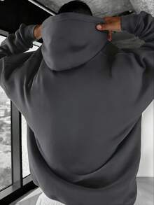 Áo hoodie nam phong cách thường ngày tối giản, in chữ, có túi kangaroo và dây rút, lót giữ nhiệt, thích hợp cho mùa thu/đông. - Màu xám đen - Xem 2