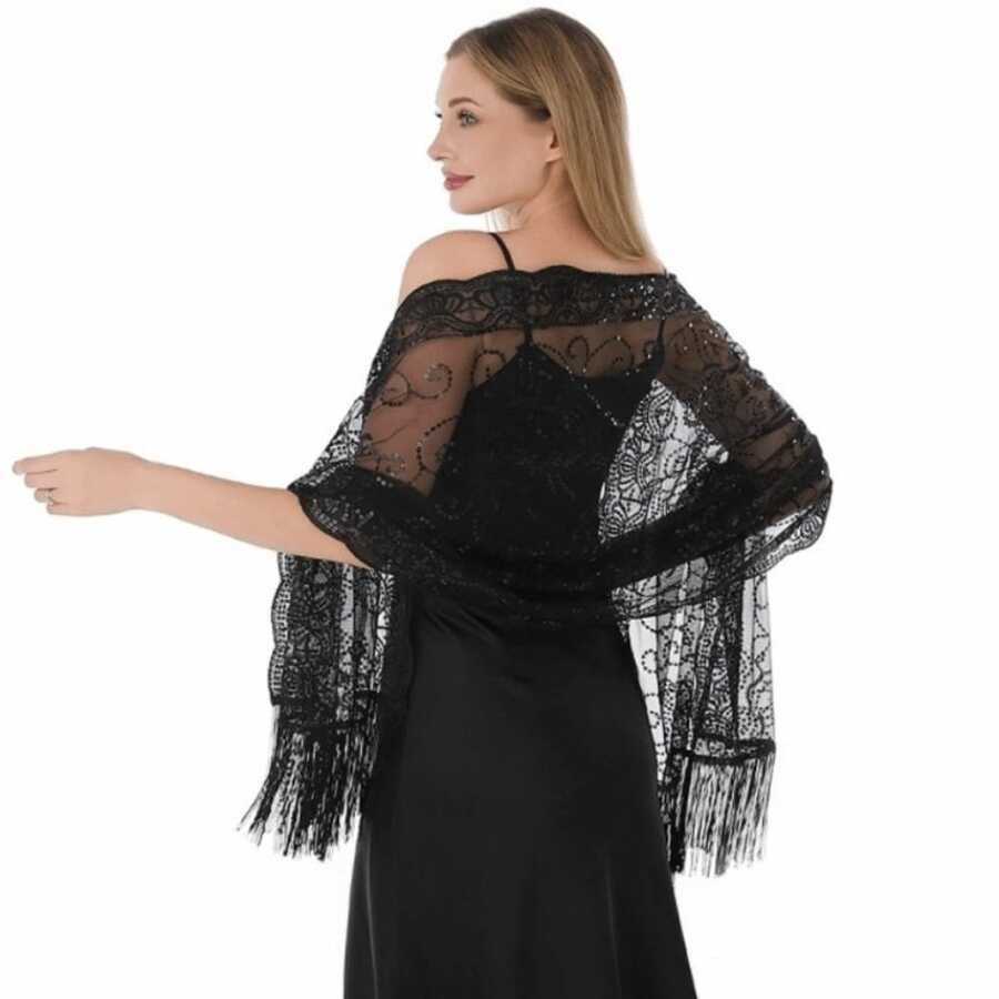Abito da sera elegante con paillettes, scialle di colore unito in rete con nappe, mantella da sposa per feste, scialle da donna - Multicolore - Visualizzare 1