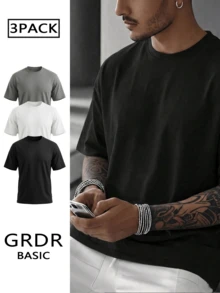 GRDR 3件套 男士夏季休闲街头基础款纯色圆领短袖T恤 - 彩色 - 查看 3
