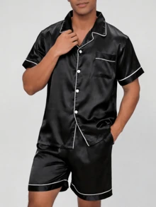 Snug League Two Pieces Sets Men's Satin Pajama Set Shorts Silk Sleepcoat Button Style Short Sleeved Cardigan Top Home Clothing Summer Simple Solid Color Series Loungewear - Black - View 1