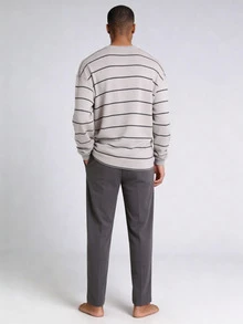 Snug League 2 件男士休闲宽松条纹圆领长袖套头衫和长裤睡衣套装，适合派对、居家、旅行、春季、秋季、冬季、秋季服装 - 淺灰色 - 查看 2