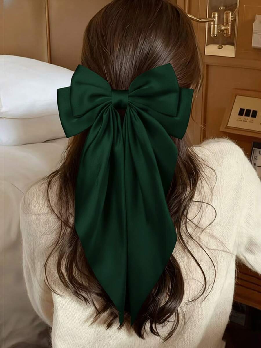1个超大绿色缎面蝴蝶结发夹，女士及女孩丝绸长尾蝴蝶结发饰，优雅百搭，适合情人节、婚礼、派对、日常佩戴