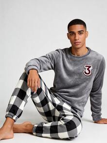 简约设计男士睡衣套装，保暖法兰绒蓬松睡衣，长袖圆领宽松上衣和宽松长裤，秋冬季舒适保暖服 - 灰色 - 查看 3