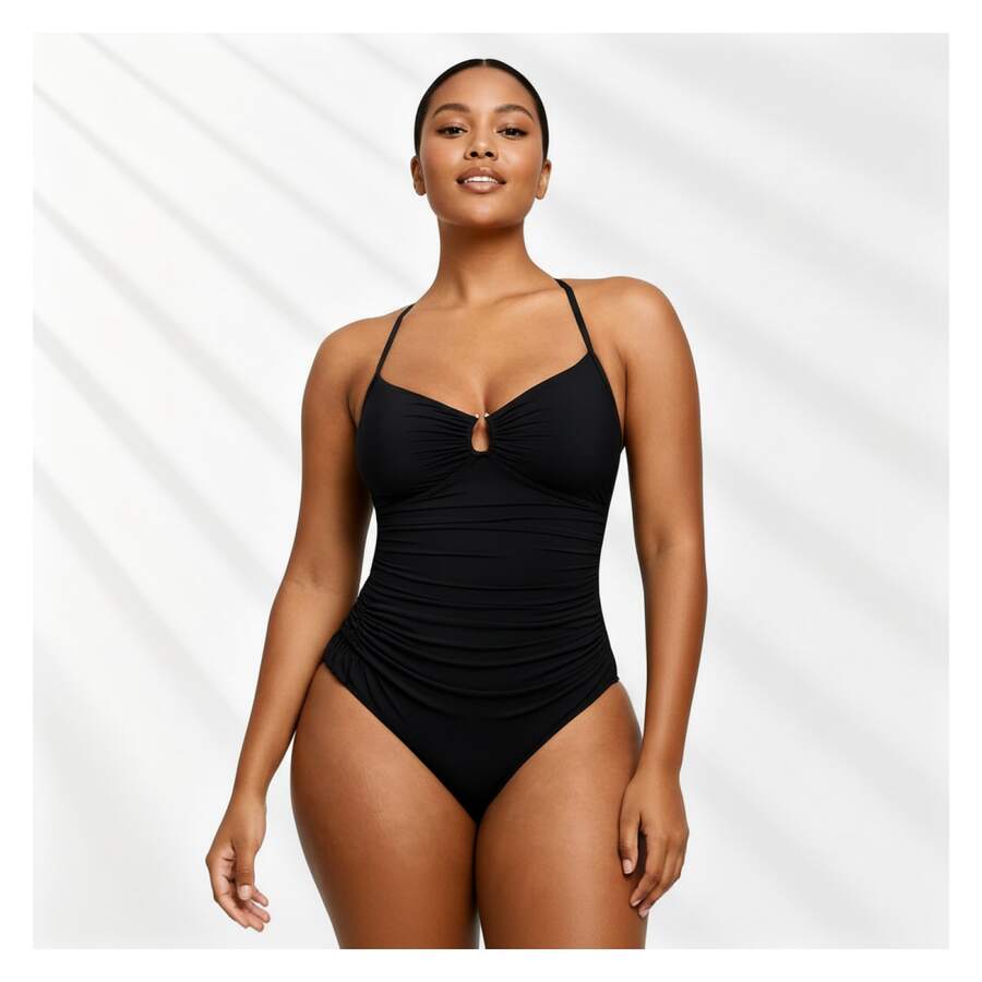 Plus Size Swimsuit Women One Piece - Black Halter Ruched Swimwear Tummy Control Bathing Suit For Curvy Figure; Comfortable & Flattering Swimsuits - Multicolor 623 - View 1