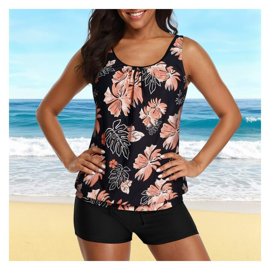 Women's Tankini Swimsuit Black & Coral Floral Print Two Piece Swimsuit Tummy Control Bathing Suit With Boy Shorts Plus Size Swimwear - 多色890 - 查看 1