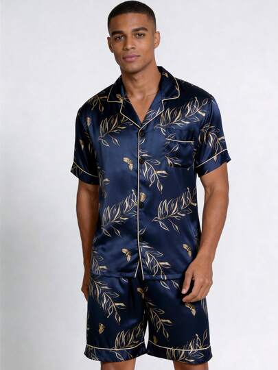 Conjunto de dos piezas de pijamas para hombre de primavera y verano con pantalones cortos de manga corta, estampado con hojas, ropa de dormir para el hogar