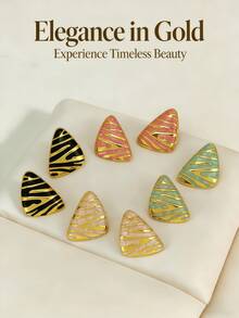 4 Pairs Elegant Style Stainless Steel Triangle Enamel Gold Earrings, Geometric Pattern Vintage Exquisite Office Earrings. Simple Fashion Stainless Steel Earrings Suitable For Women's Daily Wear, Also A Great Gift For Female Friends. (Optional 1/4) - Multicolor - View 12