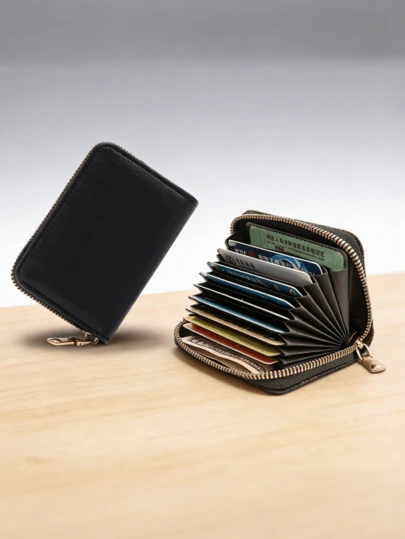 Portacartas acordeón multiusos | Diseño de cierre con cremallera ultradelgado, estilo minimalista elegante adecuado para hombres y mujeres | Costura duradera, bolsillo de apertura rápida