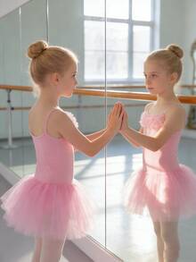 年轻女孩可爱花朵吊带薄纱芭蕾舞裙，年轻女孩舞蹈表演服 - 粉色 - 查看 3