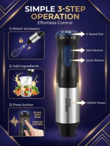 SOKANY 厨房用品，搅拌机，手持搅拌机，1000W 四合一手持搅拌机套装，包括多功能搅拌棒、打蛋器、切碎器和量杯，适用于食品加工和婴儿辅食搅拌 - 銀色 - 查看 11