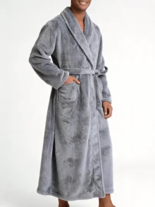 Snug League 1pc Couple's Warm Flannel Shawl Neck Loose Casual Soft Thermal Lined Long Sleeve Fluffy Robe With Pockets, Suitable For Home Wear, Autumn/Winter - Light Grey - View 3