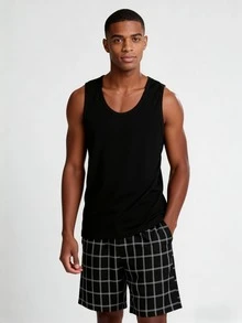 Snug League 2pcs Men's Solid Color Casual Loose Basic Round Neck Vest Top And Plaid Shorts Pajama Set, Suitable For Spring And Summer Loungewear - Black - View 4