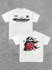 (220 Cotton T-Shirt Double-Sided Printing) 1pc Flame & Star Graphic T-Shirt, Y2K, Streetwear, Digital Print T - Shirt Casual Comfort Cotton Tee For Spring & Summer Fall Men's Clothing, Halloween Gift,Unisex - White - View 1