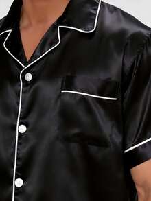 Snug League Two Pieces Sets Men's Satin Pajama Set Shorts Silk Sleepcoat Button Style Short Sleeved Cardigan Top Home Clothing Summer Simple Solid Color Series Loungewear - Black - View 6