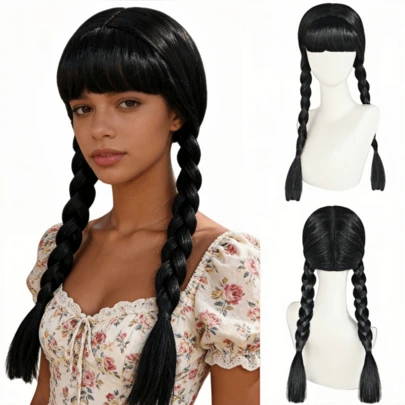 24 Inch Long Black Synthetic Double Braid Straight Wig With Bangs, Suitable For Girls' Role Play, Halloween Party, School Carnival, Music Concert, Vacation Photography, Theme Events, Anime Convention And Other Occasions