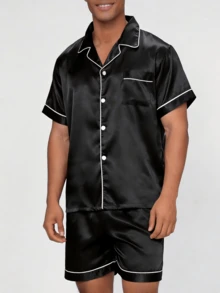 Snug League Two Pieces Sets Men's Satin Pajama Set Shorts Silk Sleepcoat Button Style Short Sleeved Cardigan Top Home Clothing Summer Simple Solid Color Series Loungewear - Black - View 5