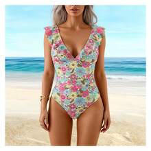Floral One Piece Swimsuit Women High Cut Ruffle Swimwear Bathing Suit Padded Push Up Vintage Retro Swimsuits For Teens Girls - 多色537 - 查看 5