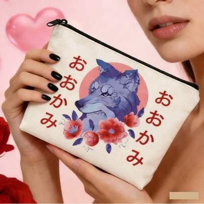 红色日式复古狼纹手拿包（化妆包），融合传统日式风格与现代插画风格，采用可折叠乳白色涤纶面料，黑色拉链，整体简约实用，#高品质收纳 #日式风格 #价格实惠，适合上学、通勤、旅行