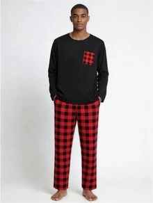 男士睡衣套装，长袖圆领上衣和格子长裤，适合所有季节，简约家居两件套，秋冬服装 - 黑色 - 查看 1
