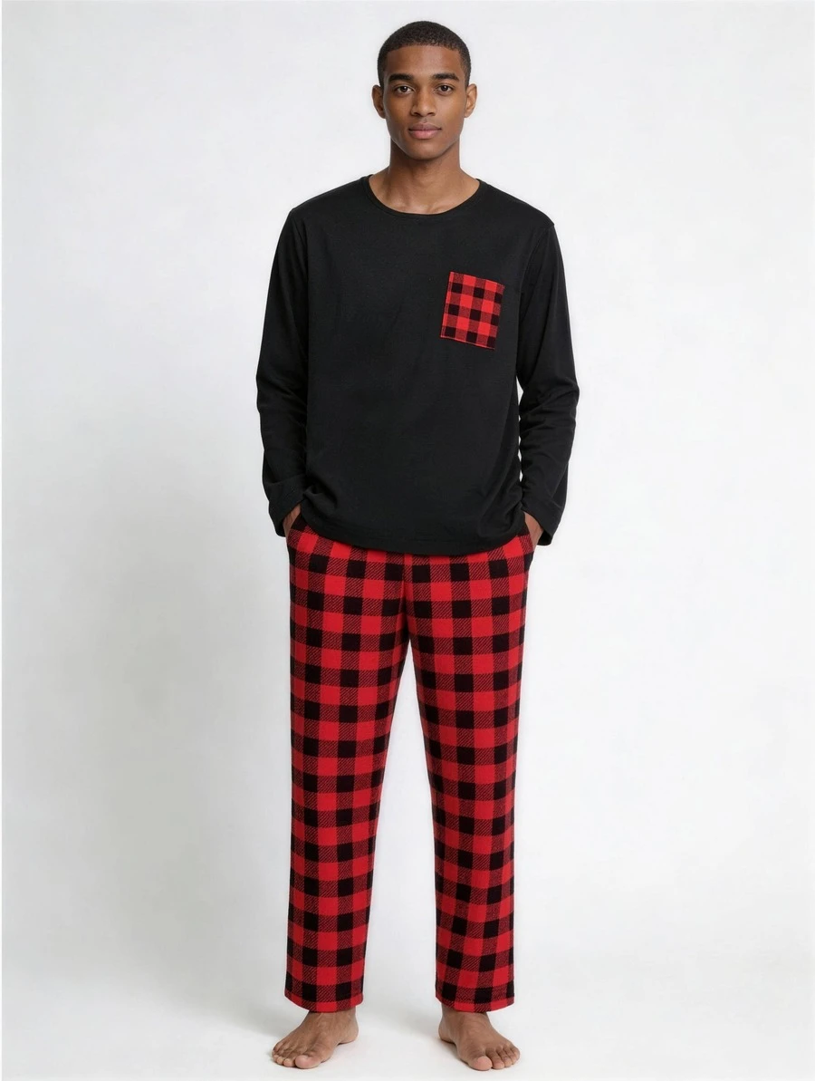 男士睡衣套装，长袖圆领上衣和格子长裤，适合所有季节，简约家居两件套，秋冬服装 - 黑色 - 查看 1