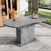 Retractable Oval Dining Table, Length 110/130 Cm * Width 70 Cm * Height 75 Cm, With Storage Function, Can Be Used As A Coffee/Casual Table, Modern And Minimalist Style, Multifunctional Space-Saving Dining Table, Cement Texture + Silver Handle - Grey - View 3