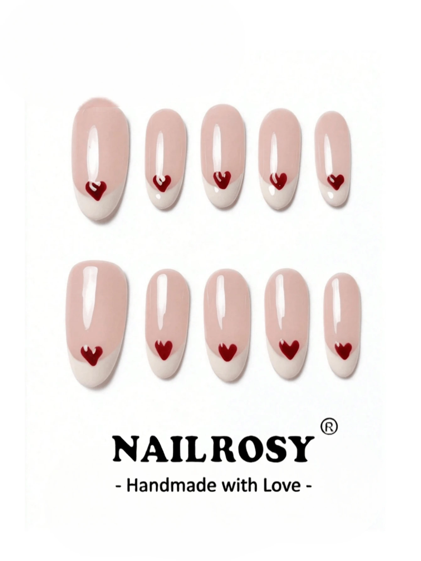 nailrosy 10 Buah Kuku Tempel Buatan Tangan Bentuk Oval Sedang Warna Nude Putih French Fake Nails Mini Pola Hati Merah Mengkilap Sweet Coquette False Nail Tips - Berwarna merah muda - View 1
