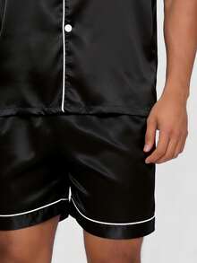 Snug League Two Pieces Sets Men's Satin Pajama Set Shorts Silk Sleepcoat Button Style Short Sleeved Cardigan Top Home Clothing Summer Simple Solid Color Series Loungewear - Black - View 8