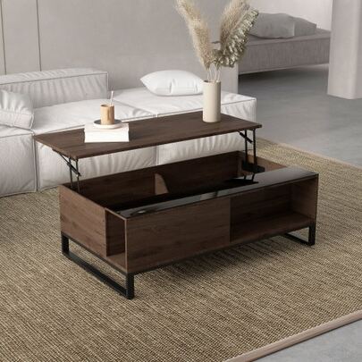 Coffee Table / Side Table With Lifting Function, Size 102x58x35.5 Cm, Modern Style With Storage, Black Steel Table Legs, Walnut Finish