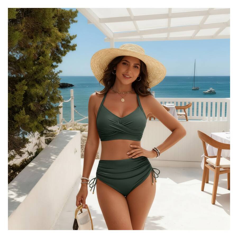 Olive Green Bikinifor Women - High Waisted Ruched Swimsuit, Halter Top, Tummy Control Bathing Suit, Tie Side Bottoms, Summer Beach Swimwear - 多色881 - 查看 1