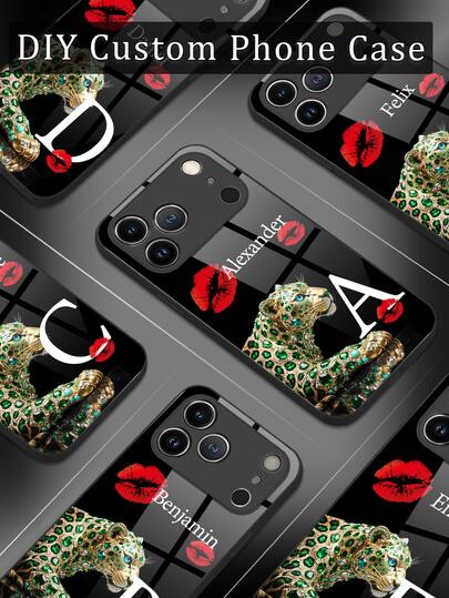 1pc DIY Customized Emerald Leopard Print Red Lip Initial Name Phone Case, Liquid TPU Full Edge + Tempered Glass Material, Shock-Resistant Scratch-Resistant Phone Shell Compatible With Apple 17 ProMax/16 ProMax/15 Pro/14 Plus/13 Pro/12 Pro Max/11/Xs Max/8/7/6 Plus, S24 Ultra/S25 Ultra, /, Fashionable Black Glass Protective Cover