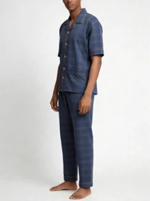 Snug League 2 件男士家居服套装 - 短袖开衫上衣和长裤，透气吸湿排汗睡衣 - 藏蓝色 - 查看 5