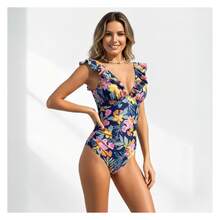 Floral Swimsuit For Women Navy Blue V-Neck Ruffle One Piece Bathing Suit Tummy Control Beachwear UPF 50+ Quick Dry Swimsuit For Summer Vacation - 多色894 - 查看 1