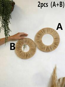 1/2/4件套波西米亚风编织圆形壁镜，藤编装饰镜，乡村风墙面装饰，优雅家居装饰，自然色调圆形墙面艺术品，适用于客厅、卧室、玄关，打造农舍风格墙面装饰，现代家居墙面装饰镜套装，适用于走廊、门廊、公寓装饰，家居装饰 - 彩色 - 查看 14