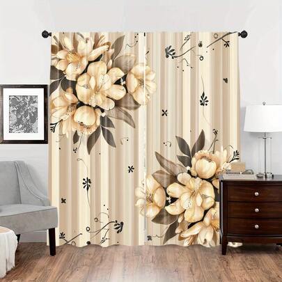 ستارتان ذهبيتان مزخرفتان بالزهور - تصميم أربعة فصول حديث، من ألياف البوليستر قابلة للغسل في الغسالة، بنقوش أنيقة باللونين البيج والبني، مثالية لغرفة النوم وديكور المنزل (القضيب غير مشمول)، ستائر غرفة المعيشة