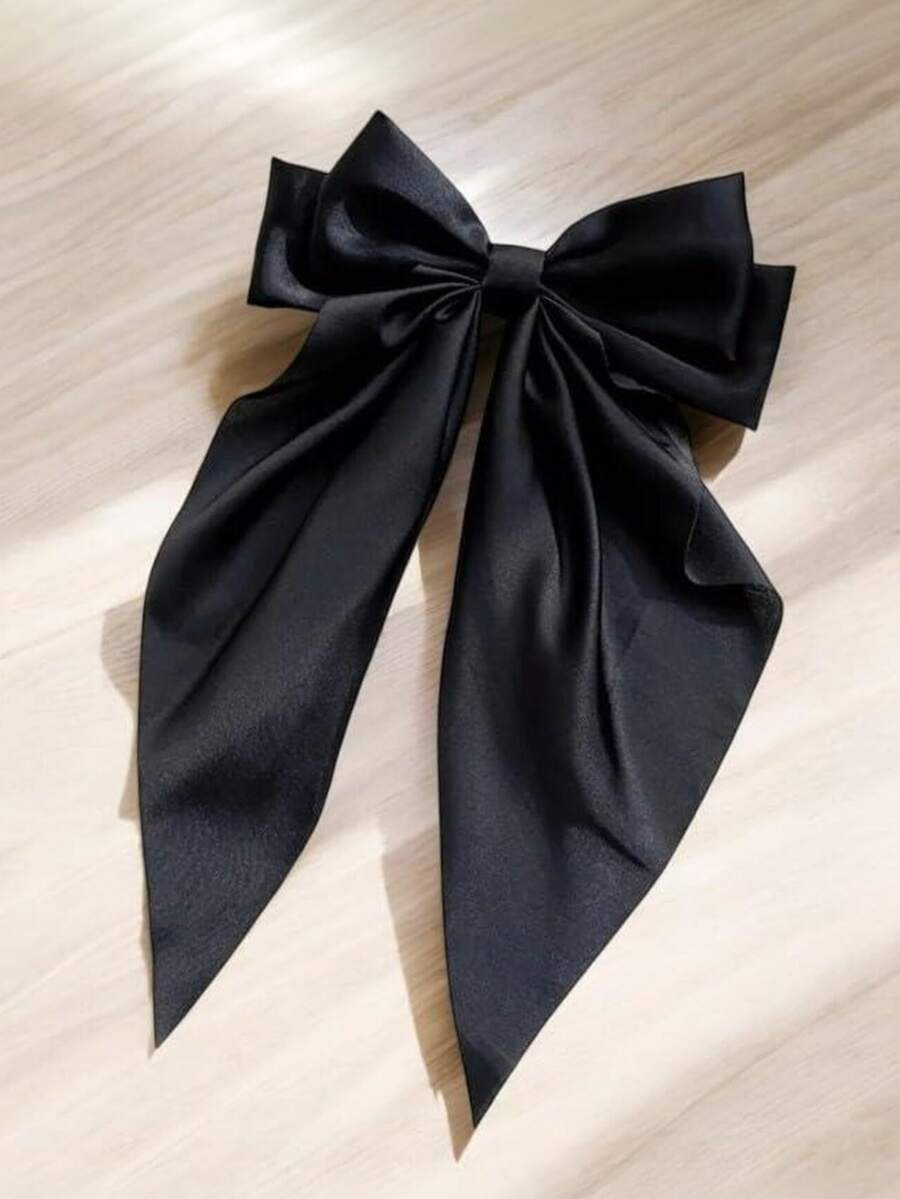 1个大号缎面蝴蝶结发夹，黑色，超大号长尾缎带蝴蝶结发夹，丝滑法式大号发卡，优雅发饰，适合情人节、婚礼、派对、约会、日常佩戴，发爪，发夹，发卡 - 黑色 - 查看 1