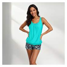 Women's Turquoise Tankini Swimsuit Two Piece - Floral Print Bathing Suit With Boy Shorts, Tummy Control, Ruched Design, Adjustable Straps, Summer Beach Swimwear - 多色883 - 查看 1