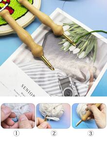 Beginner-Friendly 50# Wooden Handle Punch Needle Set With Simple Threader, Non-Slip Ergonomic Grip Punch Needle Tool, Suitable For Yarn Crafts, Vintage Minimalist Style DIY Tapestry, Coaster, Keychain And Gift Making Projects - Puncture Needle - View 4
