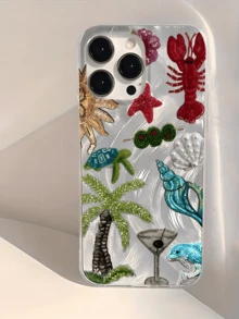 1个羽毛珍珠刺绣棕榈树龙虾简约TPU防震手机壳，兼容苹果17、16、15、14、13、12、11 Pro Max、Air和系列机型，国际版，非国内版 - 彩色 - 查看 1