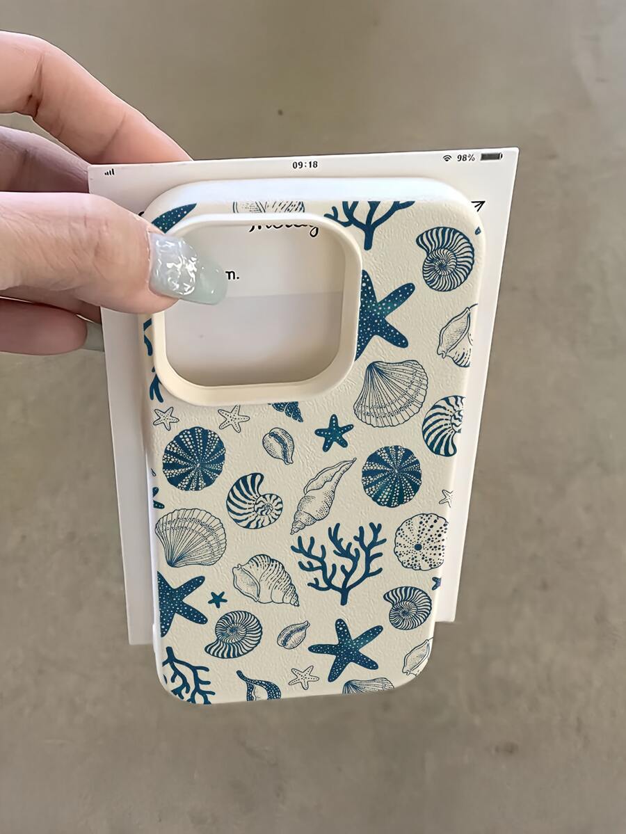 Ocean 1pc White & Blue Seashell Design Minimalist Full Coverage TPU Shockproof Phone Case, Suitable Compatible With Apple 17, 16, 15, 14, 13, 12, 11 Pro Max, Air, And Series - Multicolor - View 1