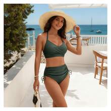 Olive Green Bikinifor Women - Halter Swimsuit, High Waisted Ruched Bikini, Tummy Control, Tie Side Bottoms, Two Piece Bathing Suit For Summer Beach - 多色880 - 查看 3