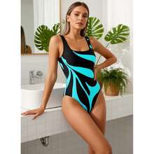 Women's High Cut Swimsuit -Blue One Piece Bathing Suit - Square Neckline - Retro 80s Style - Sexy Swimwear For Women - Vacation Beach Pool - 多色547 - 查看 1