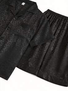 Snug League 2pcs Men Short Sleeve Sleepwear Set, Thin Silk Ice Fabric Leopard Pattern Kimono Collar Black Pajamas For Summer & Home - Black - View 9