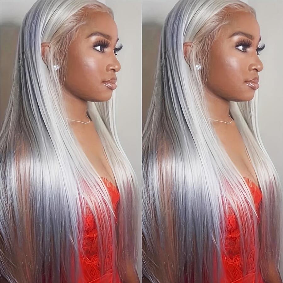 180%密度13*4蕾丝前假发，合成纤维材质，透气耐热，自然发际线，可自由分缝，适合派对、日常佩戴、音乐节、春夏等场合，银色 - 銀色 - 查看 1