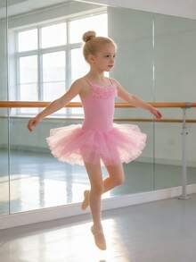 年轻女孩可爱花朵吊带薄纱芭蕾舞裙，年轻女孩舞蹈表演服 - 粉色 - 查看 2