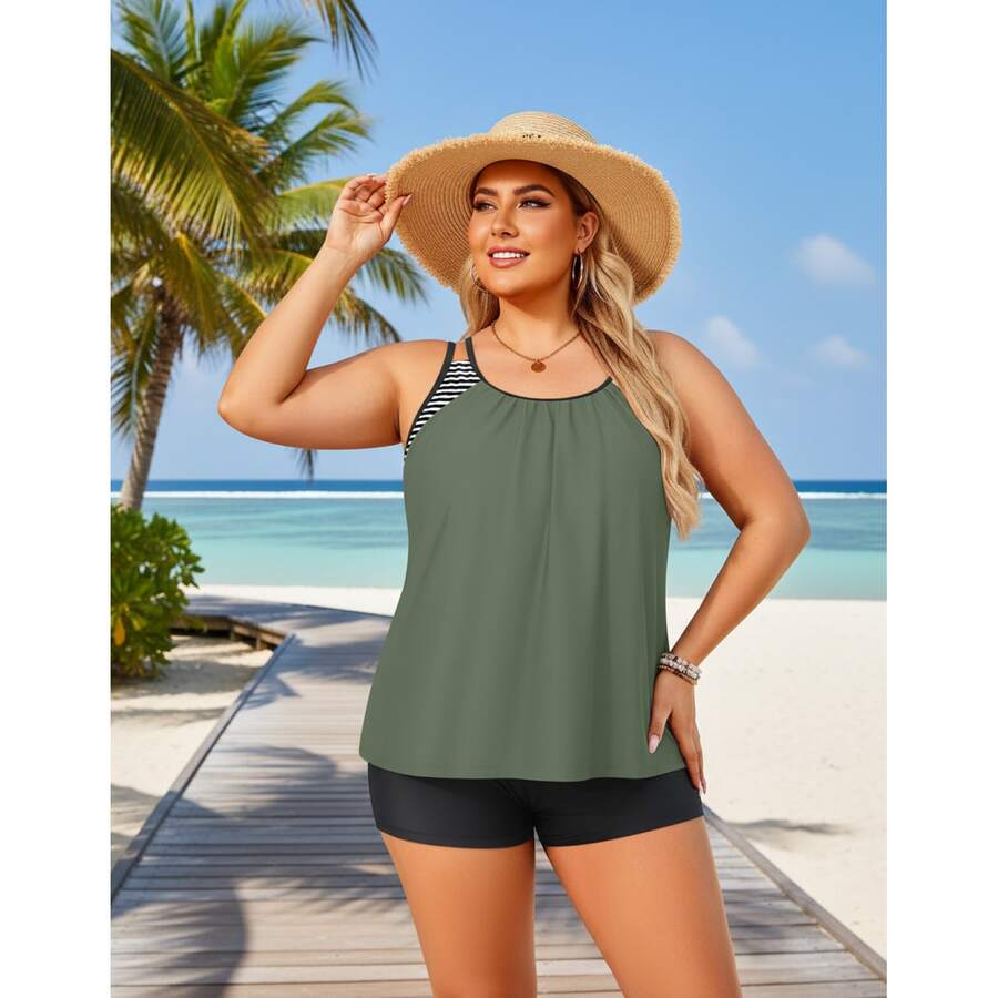 Plus Size Tankini Swimsuits For Women - Two Piece Swimwear With Shorts - Tummy Control Bathing Suit 2026/2026 - Adjustable Straps - 多色637 - 查看 1