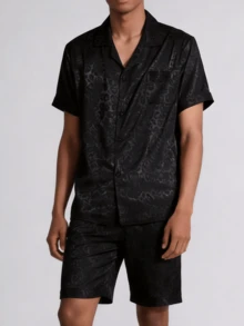 Snug League 2pcs Men Short Sleeve Sleepwear Set, Thin Silk Ice Fabric Leopard Pattern Kimono Collar Black Pajamas For Summer & Home - Black - View 3