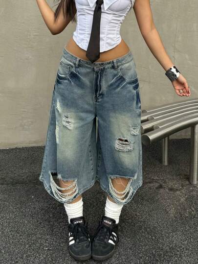 复古Y2K街头风牛仔短裤，猫须图案做旧毛边直筒休闲短裤，斜插口袋，高品质春夏百慕大短裤，女士款