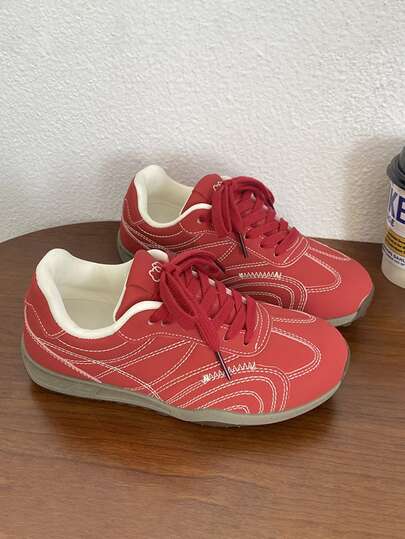 Women's Casual Sports Shoes, Breathable, Versatile, Casual, Lace-Up Flat Sneakers, Sports Shoes, Women's Shoes, Comfortable Women's Shoes, Performance, Elegant Women's Sports Shoes, Elegant Women's Shoes, Tennis, Women's Sports Shoes, Red